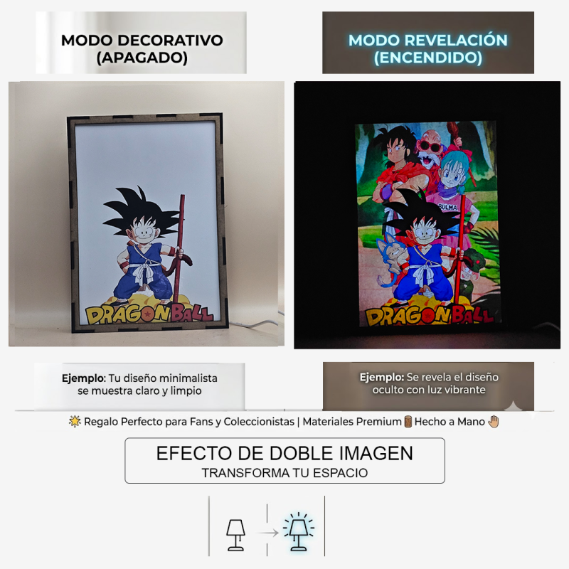 Lámpara ánime/manga  Dragon Ball  con doble imagen del grupo Son Goku, Bulma, Maestro Roshi, Yamcha, Puar y Oolong, vista apagada y encendida, donde se revela la ilustración completa al encender la luz LED.