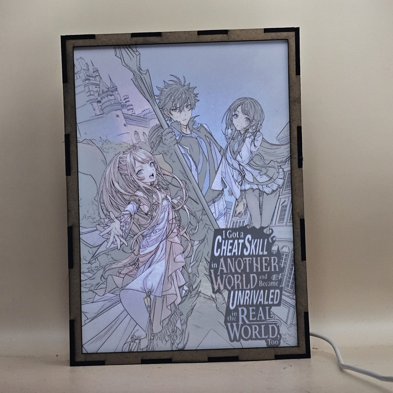 Lámpara ánime/manga  Romaji  con doble imagen del grupo Yuya Tenjo, Lexia von Arcelia y Kaori Hojo, vista encendida, con luz ambiente, donde se revela la ilustración completa al encender la luz LED.