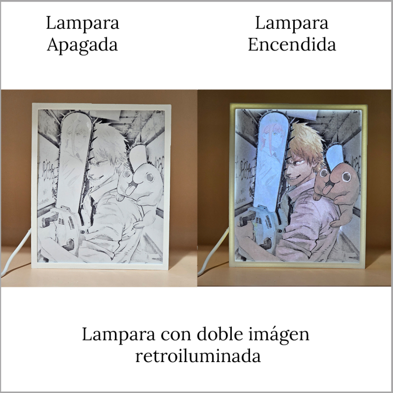 Lámpara ánime/manga  Chainsaw Man  con doble imagen del grupo Denji, Pochita y Makima, vista apagada y encendida, donde se revela la ilustración completa al encender la luz LED.