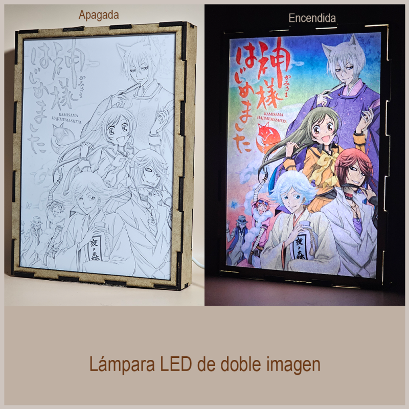 Lámpara ánime/manga  Kamisama Hajimemashita  con doble imagen del grupo Nanami Momozono, Tomoe Yukishiro, Mizuki, Kurama Shinjirou, Mikage, Onikiri, Kotetsu y Otohiko, vista apagada y encendida, donde se revela la ilustración completa al encender la luz LED.