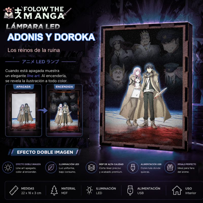 Lámpara LED de Adonis y Doroka de The Kingdoms of Ruin con fondo oscuro revelado al encenderse