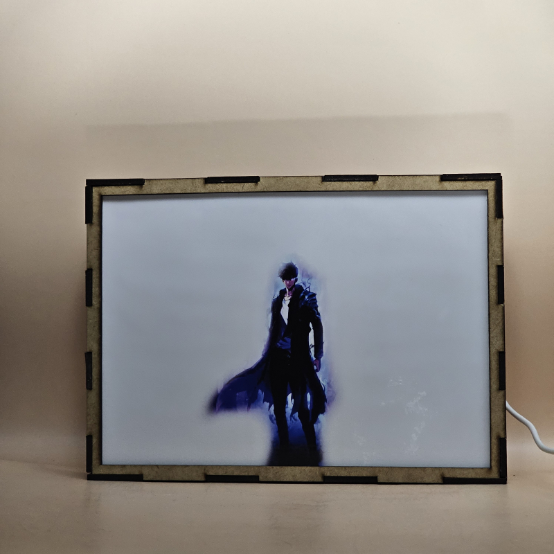 Lámpara ánime/manga  Solo Leveling  con doble imagen del grupo Kim Chul, Tank, Igris, Kargalgan y Sung Jinwoo, vista apagada, se esconde la imágen de atras.