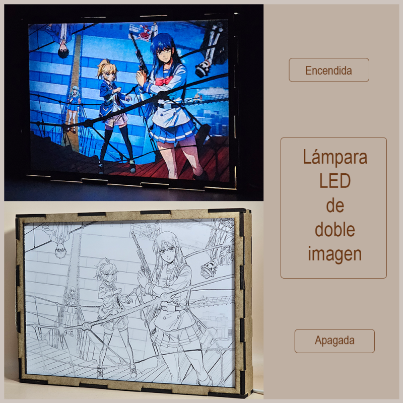 Lámpara ánime/manga  Tenku Shinpan  con doble imagen del grupo Yuri Honjo, Mayuko Nise, Kuon Shinzaki y Rika Honjo, vista apagada y encendida, donde se revela la ilustración completa al encender la luz LED.