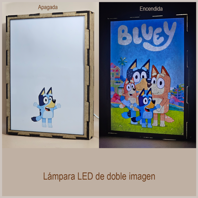 Lámpara ánime  Bluey  con doble imagen del grupo Bluey, Bingo, Chilli y Bandit, vista apagada y encendida, donde se revela la ilustración completa al encender la luz LED.