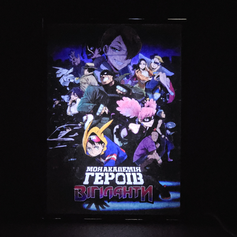 Lámpara ánime/manga  My Hero Academia: Vigilantes  con doble imagen del grupo Shota Aizawa, Koichi Haimawari, Kazuho Haneyama, Iwao Oguro, All Might, Midnight, Present Mic y Ingenium, vista encendida, donde se revela la ilustración completa al encender la luz LED.