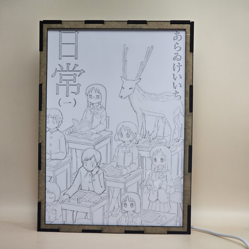 Lámpara ánime/manga  Nichijou  con doble imagen del grupo Yuuko Aioi, Sakamoto, Mai Minakami, Nano Shinonome, Mio Naganohara y Koujirou Sasahara, vista apagada, se esconde la imágen de atras.