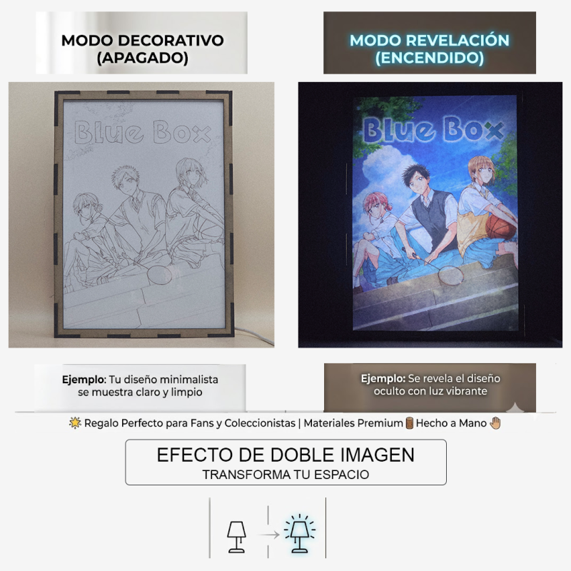 Lámpara ánime/manga  Blue Box  con doble imagen del grupo Taiki Inomata, Chinatsu Kano y Hina Chono, vista apagada y encendida, donde se revela la ilustración completa al encender la luz LED.