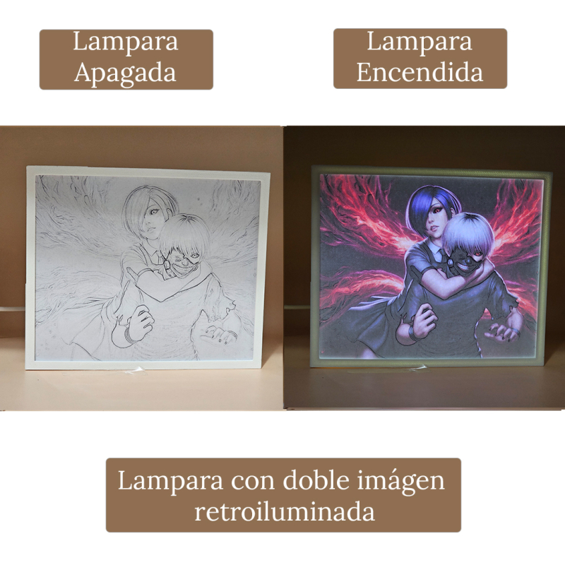 Lámpara ánime/manga  Tokyo Ghoul  con doble imagen de la pareja Ken Kaneki y Touka Kirishima, vista apagada y encendida, donde se revela la ilustración completa al encender la luz LED.