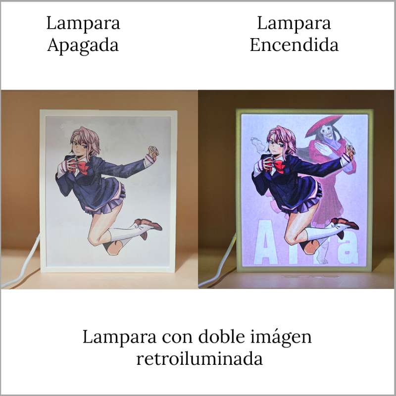 Lámpara ánime/manga  DAN DA DAN  con doble imagen del personaje Aira Shiratori, vista apagada y encendida, donde se revela la ilustración completa al encender la luz LED.