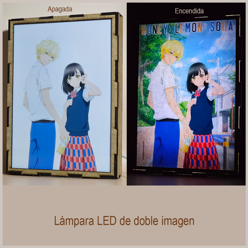 Lámpara ánime/manga  Honey Lemon Soda  con doble imagen de la pareja Kai Miura y Uka Ishimori, vista apagada y encendida, donde se revela la ilustración completa al encender la luz LED.