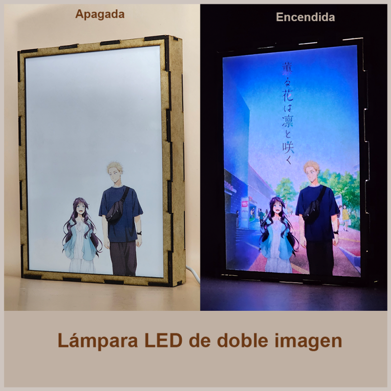 Lámpara ánime/manga  Kaoru Hana wa Rin to Saku  con doble imagen de la pareja Kaoruko Waguri y Rintaro Tsumugi, vista apagada y encendida, donde se revela la ilustración completa al encender la luz LED.