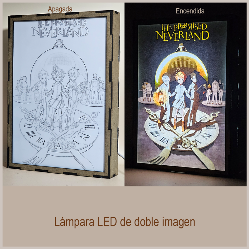 Lámpara ánime/manga  The Promised Neverland  con doble imagen del grupo Norman, Ray y Emma, vista apagada y encendida, donde se revela la ilustración completa al encender la luz LED.