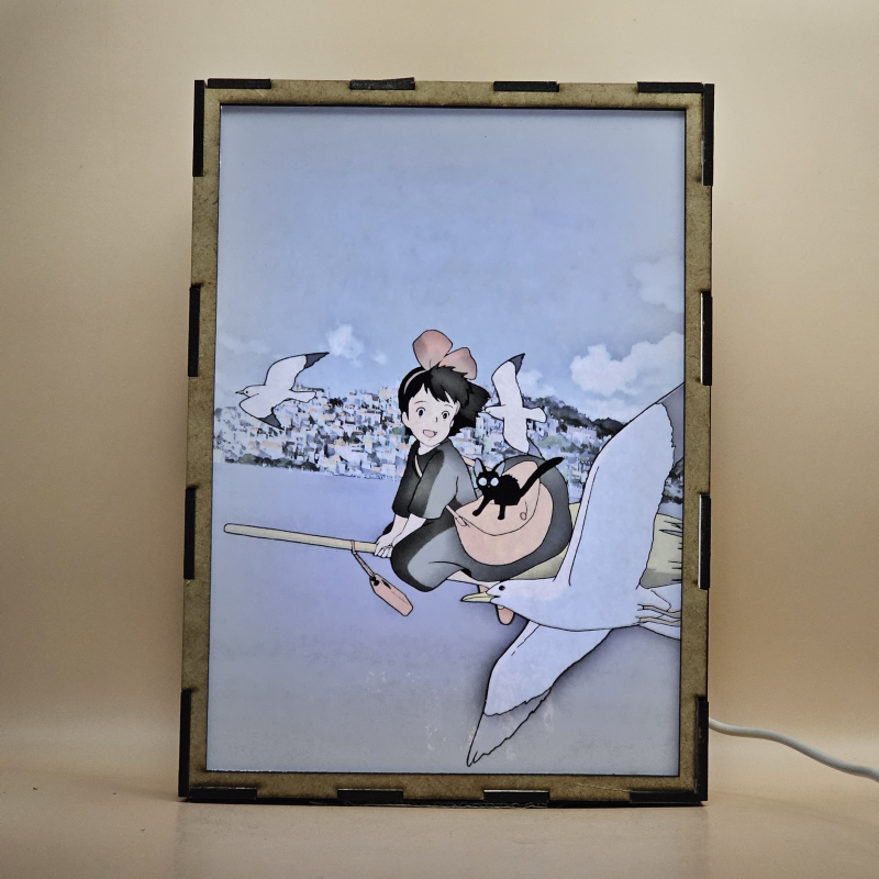 Lámpara ánime  Kiki: Entregas a domicilio  con doble imagen de la pareja Kiki y Jiji, vista encendida, con luz ambiente, donde se revela la ilustración completa al encender la luz LED.