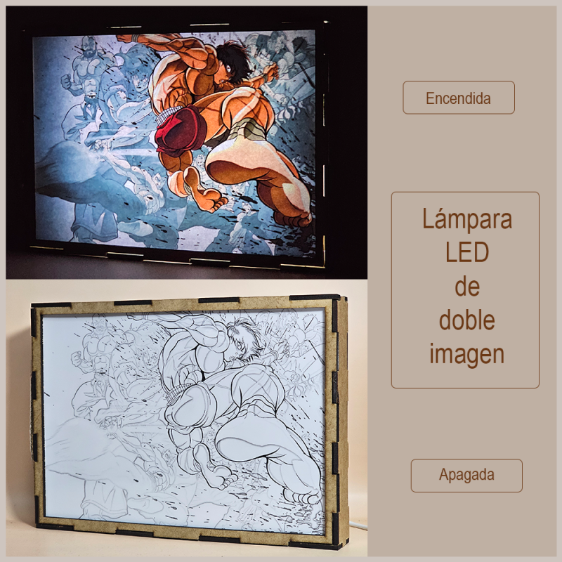 Lámpara ánime/manga  Baki  con doble imagen del personaje Baki Hanma, vista apagada y encendida, donde se revela la ilustración completa al encender la luz LED.