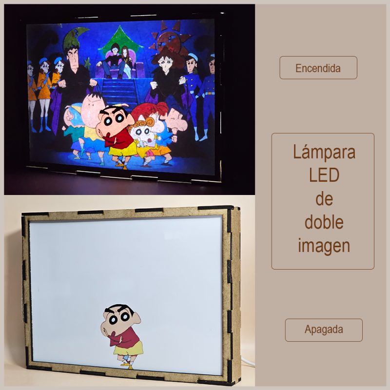 Lámpara ánime/manga  Shin Chan: ¡Los adultos contraatacan!  con doble imagen del grupo Himawari Nohara, Hiroshi Nohara, Misae Nohara, Shin-chan, Masao, Boo-chan, Ken, Chako, Kazama-kun y Nené, vista apagada y encendida, donde se revela la ilustración completa al encender la luz LED.