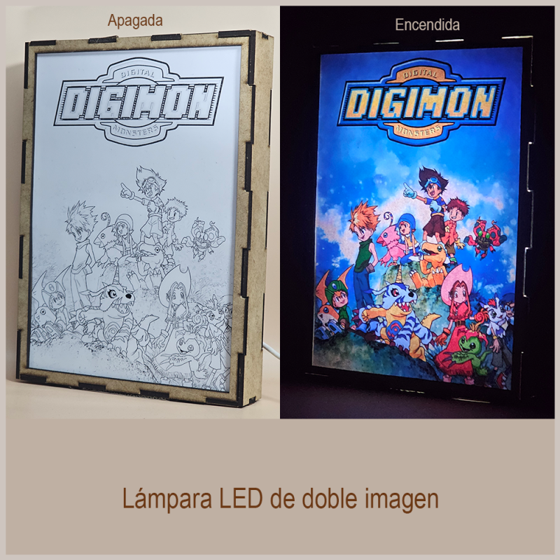 Lámpara ánime/manga  Digimon  con doble imagen del grupo Tai, Matt, Sora Takenouchi, Izzy, Mimi Tachikawa, Jou, T.K. y Kari, vista apagada y encendida, donde se revela la ilustración completa al encender la luz LED.