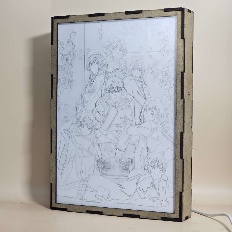 Lámpara ánime/manga  Masamune-kun no Revenge  con doble imagen del grupo Aki Adagaki, Muriel Besson, Neko Fujinomiya, Masamune Makabe, Yoshino Koiwai, Tae Futaba y Kojuro Shuri, vista apagada, se esconde la imágen de atras.