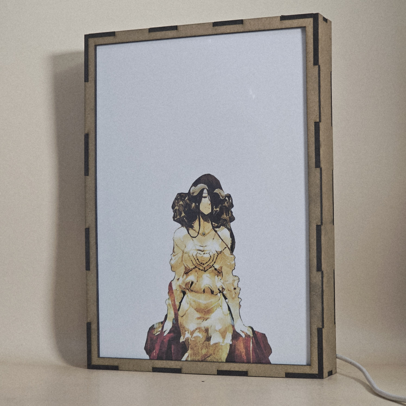 Lámpara ánime/manga  Overlord  con doble imagen de la pareja Albedo y Momonga, vista apagada, se esconde la imágen de atras.