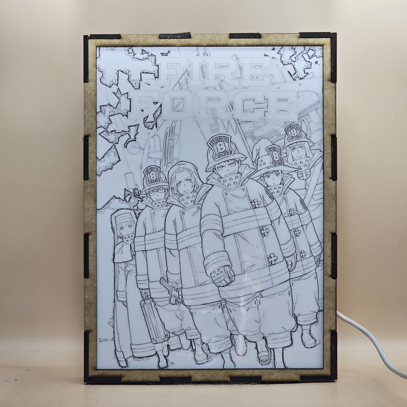 Lámpara ánime/manga  Fire Force  con doble imagen del grupo Shinra Kusakabe, Arthur Boyle, Iris, Akitaru Obi, Takehisa Hinawa y Maki Oze, vista apagada, se esconde la imágen de atras.