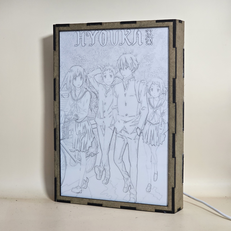 Lámpara ánime/manga  Hyouka  con doble imagen del grupo Eru Chitanda, Satoshi Fukube, Houtarou Oreki y Mayaka Ibara, vista apagada, se esconde la imágen de atras.