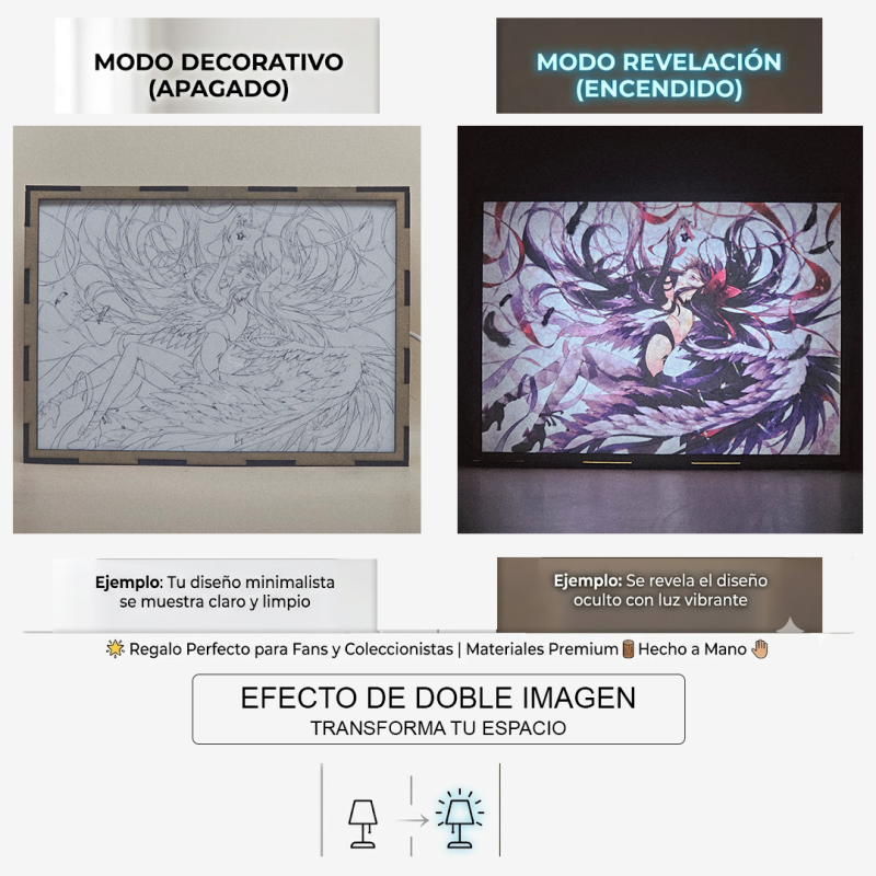 Lámpara ánime/manga  Puella Magi Madoka Magica  con doble imagen del personaje Homura Akemi, vista apagada y encendida, donde se revela la ilustración completa al encender la luz LED.