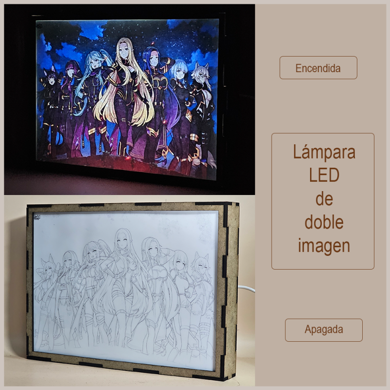 Lámpara ánime/manga  The Eminence in Shadow  con doble imagen del grupo Alpha, Gamma, Beta, Delta, Epsilon, Zeta y Eta, vista apagada y encendida, donde se revela la ilustración completa al encender la luz LED.