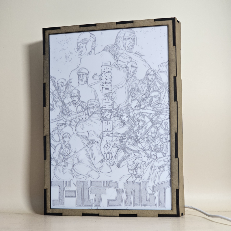 Lámpara ánime/manga  Golden Kamuy  con doble imagen del grupo Saichi Sugimoto, Asirpa y Tsurumi, vista apagada, se esconde la imágen de atras.