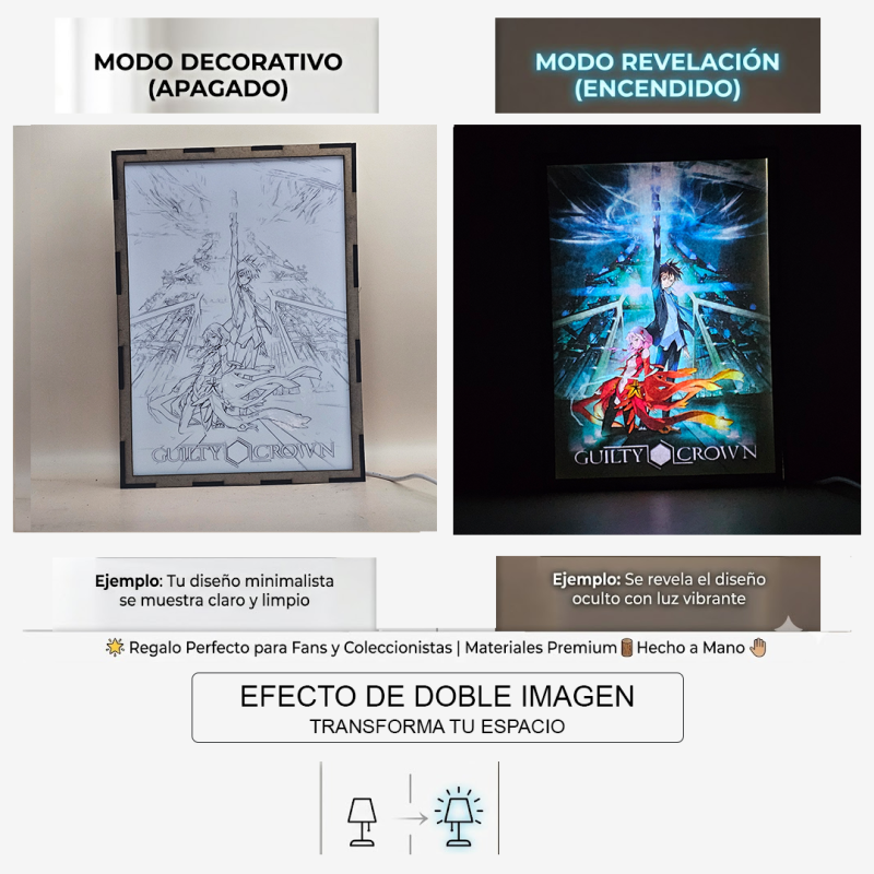 Lámpara ánime/manga  Guilty Crown  con doble imagen de la pareja Shu Ouma y Inori Yuzuriha, vista apagada y encendida, donde se revela la ilustración completa al encender la luz LED.