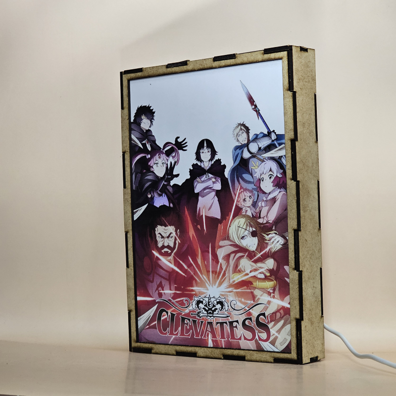 Lámpara ánime/manga  Clevatess  con doble imagen del grupo Klen, Alicia, Nelluru, Luna, Clevatess, Dorel, Naie, Maynard y Rod Royes, vista apagada, se esconde la imágen de atras.