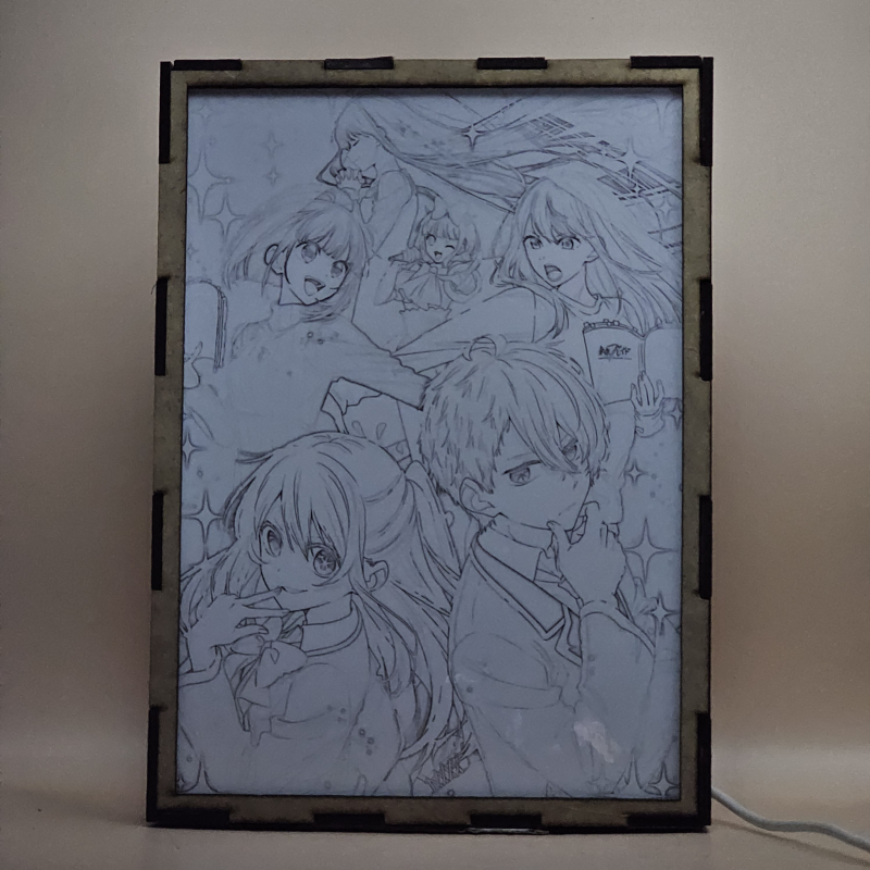 Lámpara ánime/manga  Oshi No Ko  con doble imagen del grupo Aquamarine Hoshino, Ruby Hoshino, Ai Hoshino, Akane Kurokawa, Kana Arima y Mem-Cho, vista apagada, se esconde la imágen de atras.