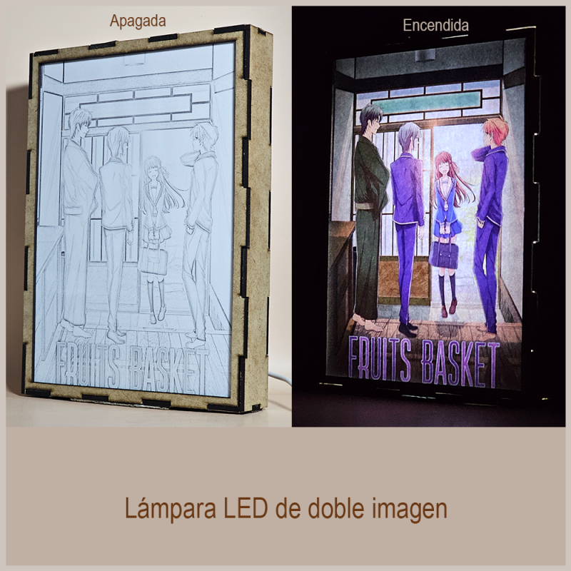 Lámpara ánime/manga  Fruit Basket  con doble imagen del grupo Tohru Honda, Yuki Sohma, Shigure Sohma y Kyo Sohma, vista apagada y encendida, donde se revela la ilustración completa al encender la luz LED.