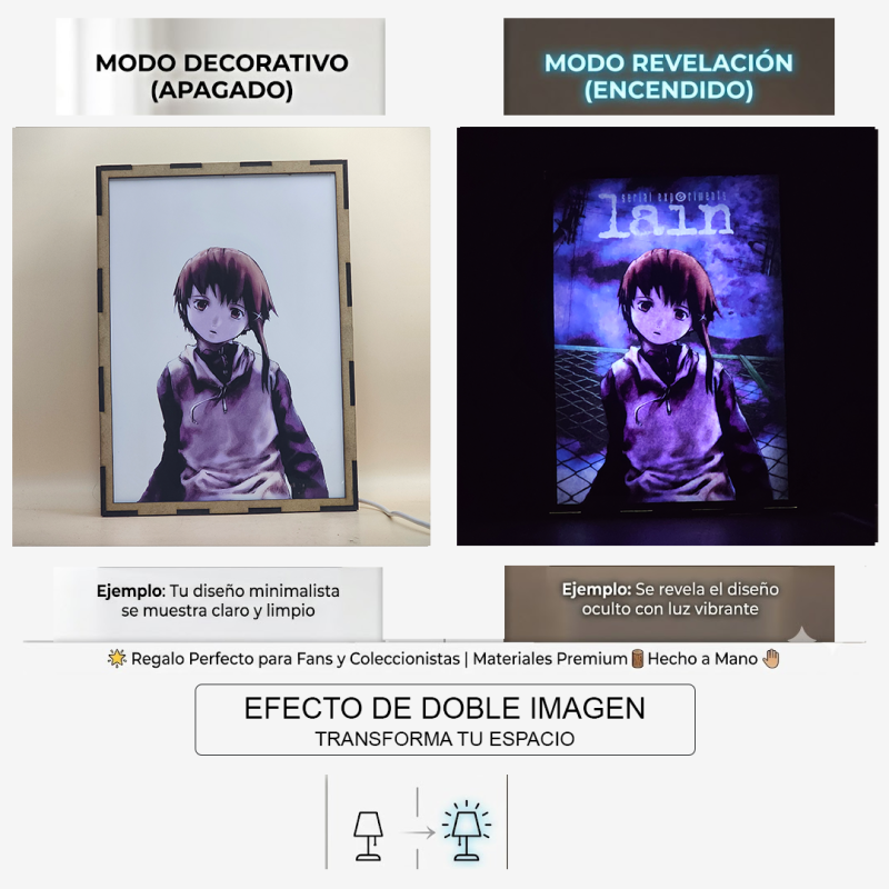 Lámpara ánime/manga  Serial experiments lain  con doble imagen del personaje Lain Iwakura, vista apagada y encendida, donde se revela la ilustración completa al encender la luz LED.