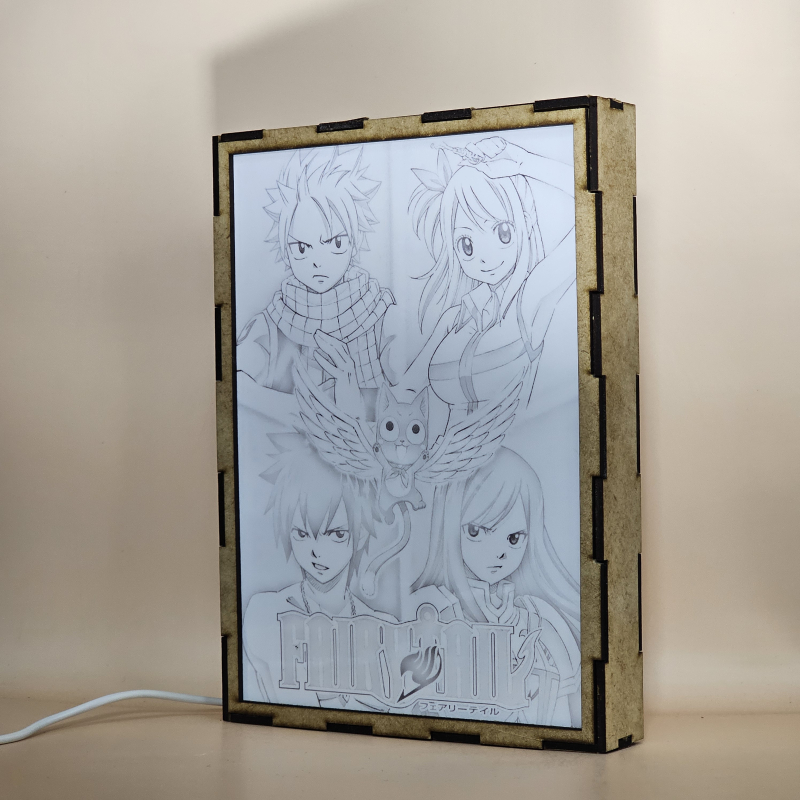Lámpara ánime/manga  Fairy Tail  con doble imagen del grupo Natsu Dragneel, Lucy Heartfilia, Erza Scarlet, Gray Fullbuster y Happy, vista apagada, se esconde la imágen de atras.
