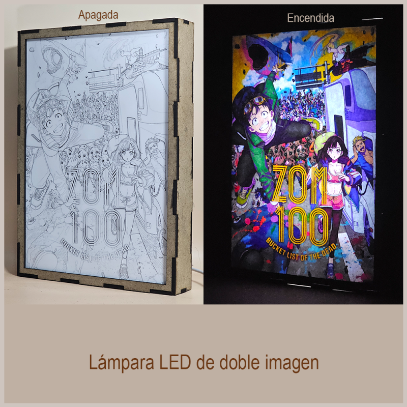 Lámpara ánime/manga  Zombie ni Naru made ni Shitai 100 no Koto  con doble imagen del grupo Akira Tendo, Shizuka Mikazuki, Kencho y Beatrix Amerhauser, vista apagada y encendida, donde se revela la ilustración completa al encender la luz LED.