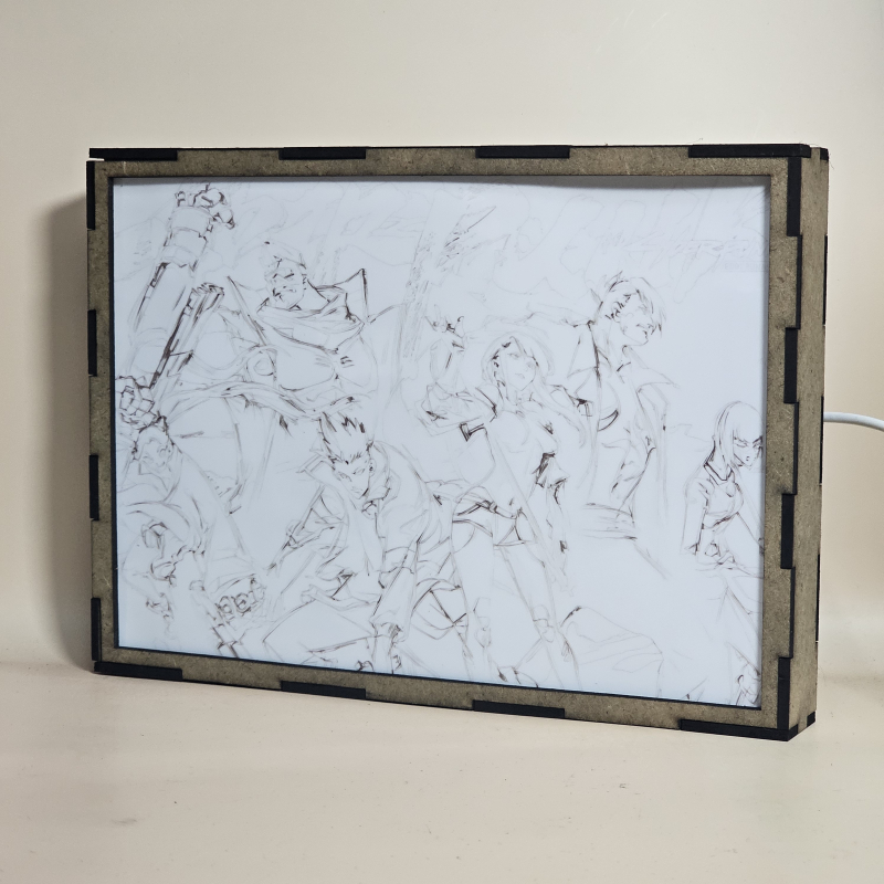 Lámpara ánime/manga  Cyberpunk: Edgerunners.  con doble imagen del grupo David Martínez, Lucyna Kushinada, Maine, Rebecca, Kiwi y Falco, vista apagada, se esconde la imágen de atras.