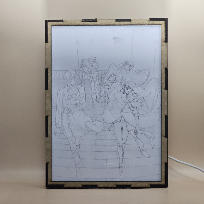 Lámpara ánime/manga  Vanitas no Carte  con doble imagen del grupo Vanitas, Noé Archiviste, Jeanne, Luca, Dominique de Sade y Murr, vista apagada, se esconde la imágen de atras.