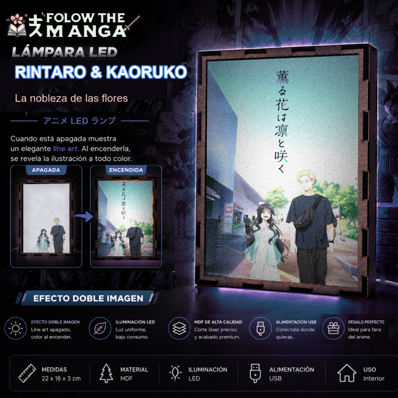 Lámpara ánime/manga  Kaoru Hana wa Rin to Saku  con doble imagen de la pareja Kaoruko Waguri y Rintaro Tsumugi, vista apagada y encendida, donde se revela la ilustración completa al encender la luz LED.