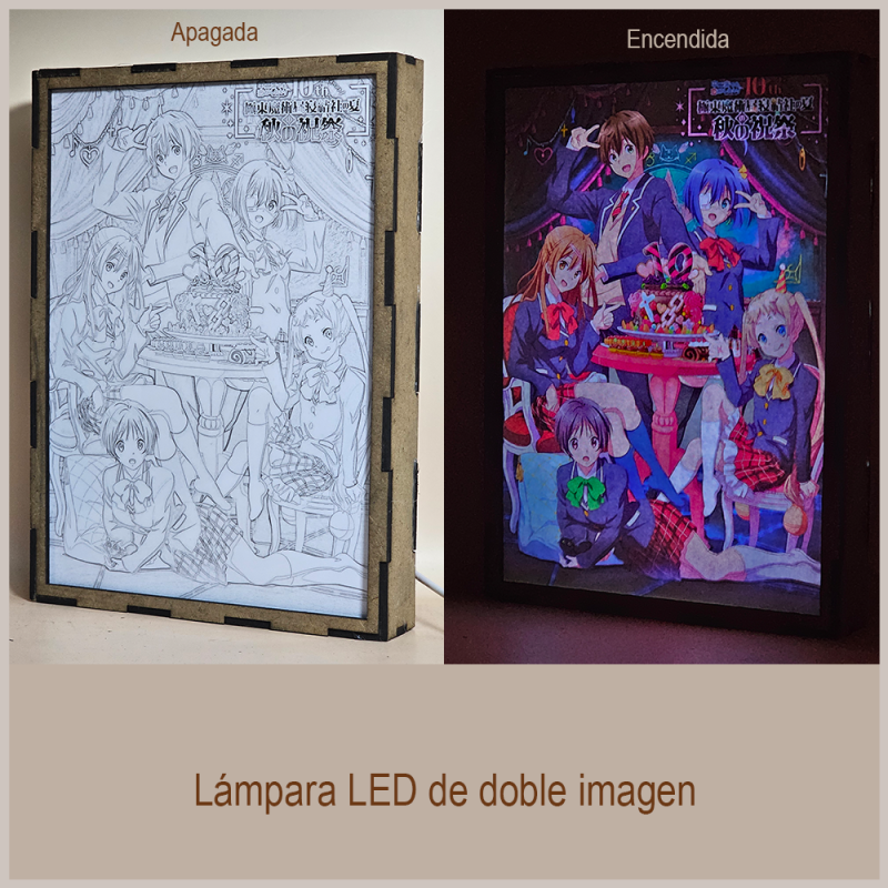Lámpara ánime/manga  Love, Chunibyo & Other Delusions!  con doble imagen del grupo Yūta Togashi, Rikka Takanashi, Shinka Nibutani, Sanae Dekomori y Kumin Tsuyuri, vista apagada y encendida, donde se revela la ilustración completa al encender la luz LED.