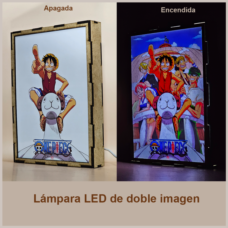 Lámpara ánime/manga  One Piece  con doble imagen del grupo Monkey D. Luffy, Roronoa Zoro, Nami, Usopp y Vinsmoke Sanji, vista apagada y encendida, donde se revela la ilustración completa al encender la luz LED.