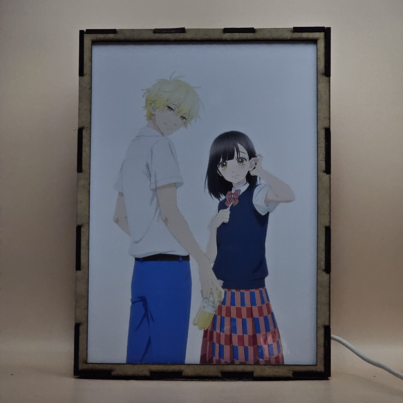 Lámpara ánime/manga  Honey Lemon Soda  con doble imagen de la pareja Kai Miura y Uka Ishimori, vista apagada, se esconde la imágen de atras.