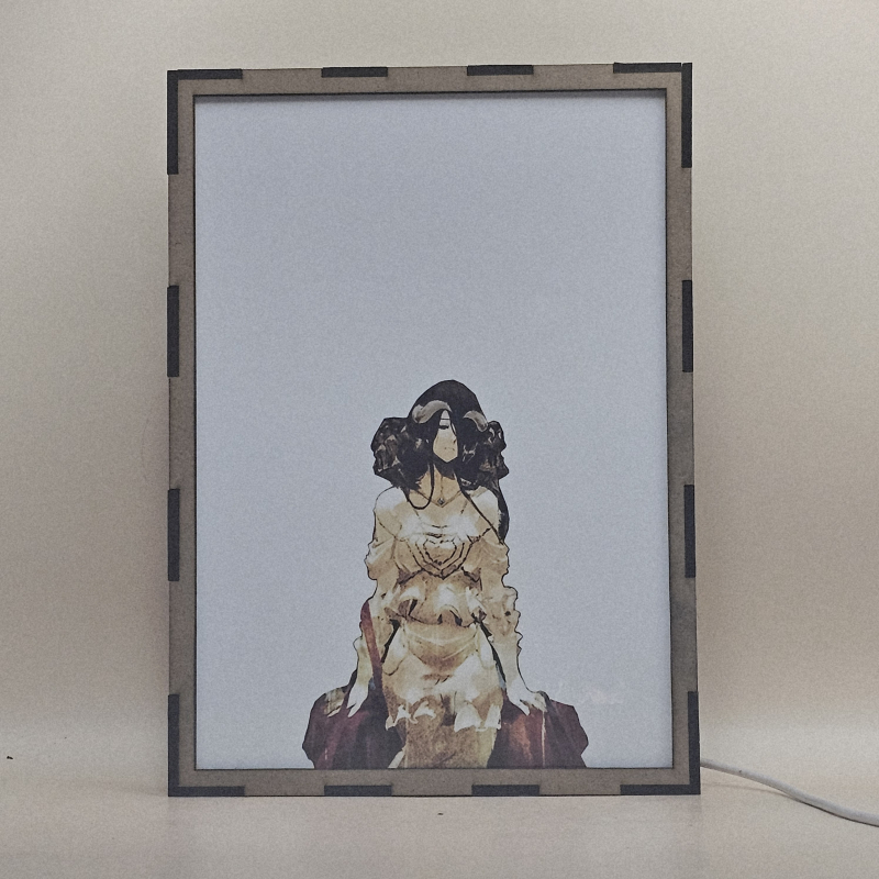 Lámpara ánime/manga  Overlord  con doble imagen de la pareja Albedo y Momonga, vista apagada, se esconde la imágen de atras.