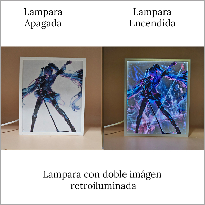 Lámpara ánime  Miku Hatsune  con doble imagen del personaje Miku Hatsune, vista apagada y encendida, donde se revela la ilustración completa al encender la luz LED.