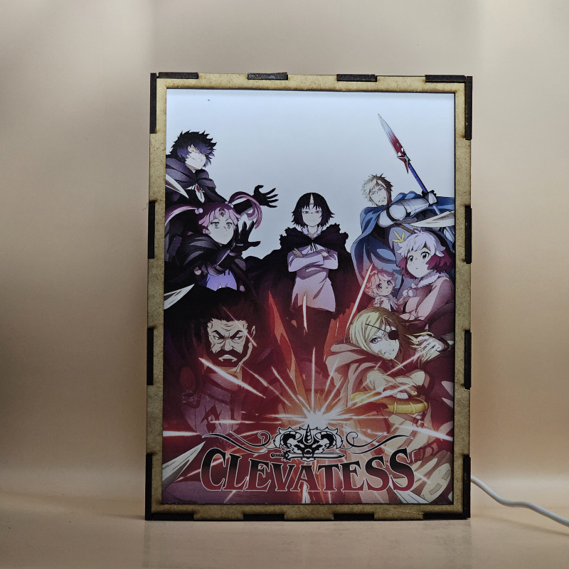 Lámpara ánime/manga  Clevatess  con doble imagen del grupo Klen, Alicia, Nelluru, Luna, Clevatess, Dorel, Naie, Maynard y Rod Royes, vista apagada, se esconde la imágen de atras.