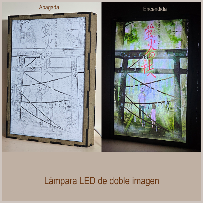 Lámpara ánime  Hotarubi no Mori e  con doble imagen de la pareja Gin y Hotaru Takegawa, vista apagada y encendida, donde se revela la ilustración completa al encender la luz LED.