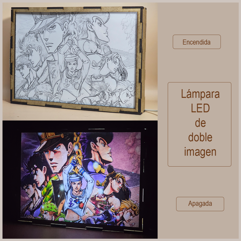 Lámpara ánime/manga  JoJo's Bizarre Adventure  con doble imagen del grupo Joseph Joestar, Jonathan Joestar, Jotaro Kujo, Josuke Higashikata, Giorno Giovanna, Jolyne Cujoh, Johnny Joestar y Josuke Higashikata, vista apagada y encendida, donde se revela la ilustración completa al encender la luz LED.