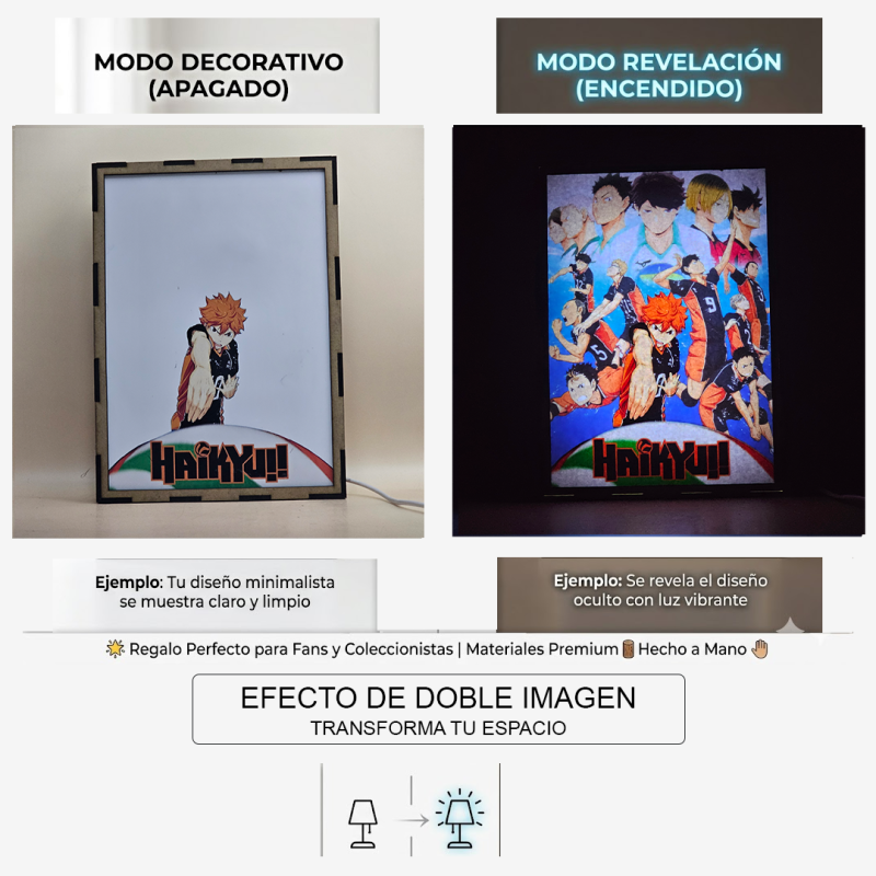 Lámpara ánime/manga  Haikyuu  con doble imagen del grupo Shoyo Hinata, Tobio Kageyama, Kei Tsukishima, Tadashi Yamaguchi, Kenma Kozume, Kuroo Tetsurō, Ryunosuke Tanaka, Yuu Nishinoya, Daichi Sawamura, Koushi Sugawara y Asahi Azumane, vista apagada y encendida, donde se revela la ilustración completa al encender la luz LED.