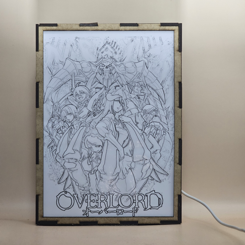 Lámpara ánime/manga  Overlord  con doble imagen del grupo Shalltear Bloodfallen, Aura Bella Fiora, Mare Bello Fiore, Demiurge, Cocytus, Sebas Tian, Momonga y Albedo, vista apagada, se esconde la imágen de atras.