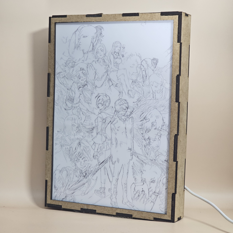 Lámpara ánime/manga  Tokyo Ghoul  con doble imagen del grupo Ken Kaneki, Touka Kirishima, Hide, Juuzou Suzuya, Uta, Rize Kamishiro y Hinami Fueguchi, vista apagada, se esconde la imágen de atras.