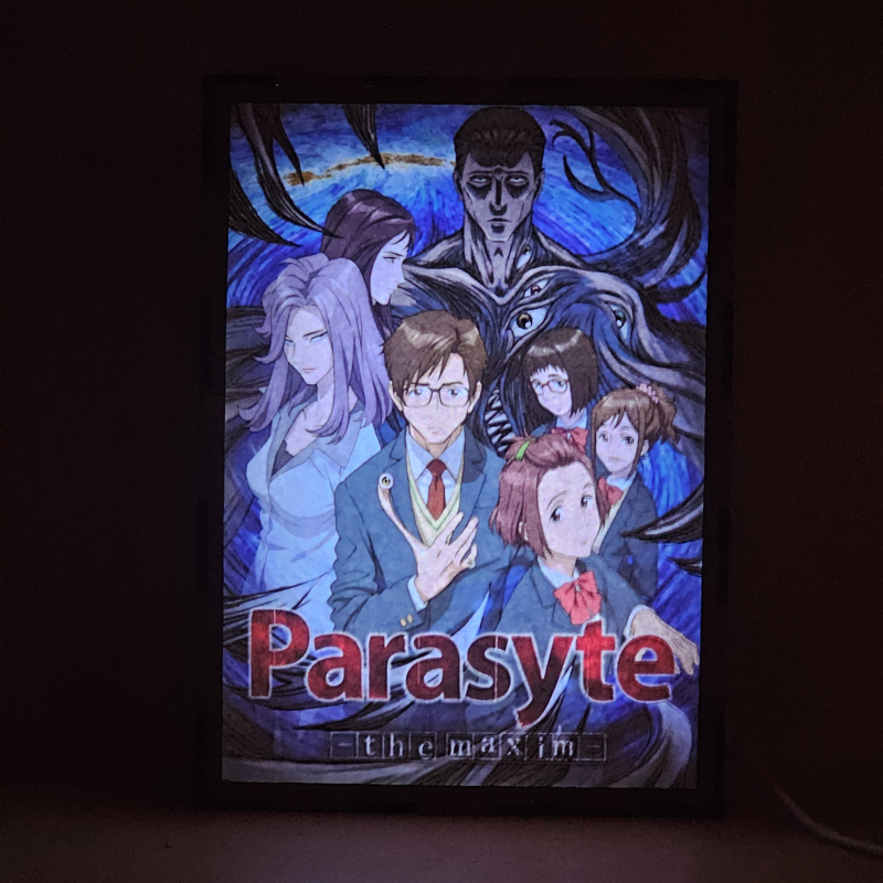 Lámpara ánime/manga  Parasyte  con doble imagen del grupo Migi, Satomi Murano, Ryoko Tamiya, Kana Kimishima, Yuko Tachikawa, Gotou y Shinichi Izumi, vista encendida, donde se revela la ilustración completa al encender la luz LED.