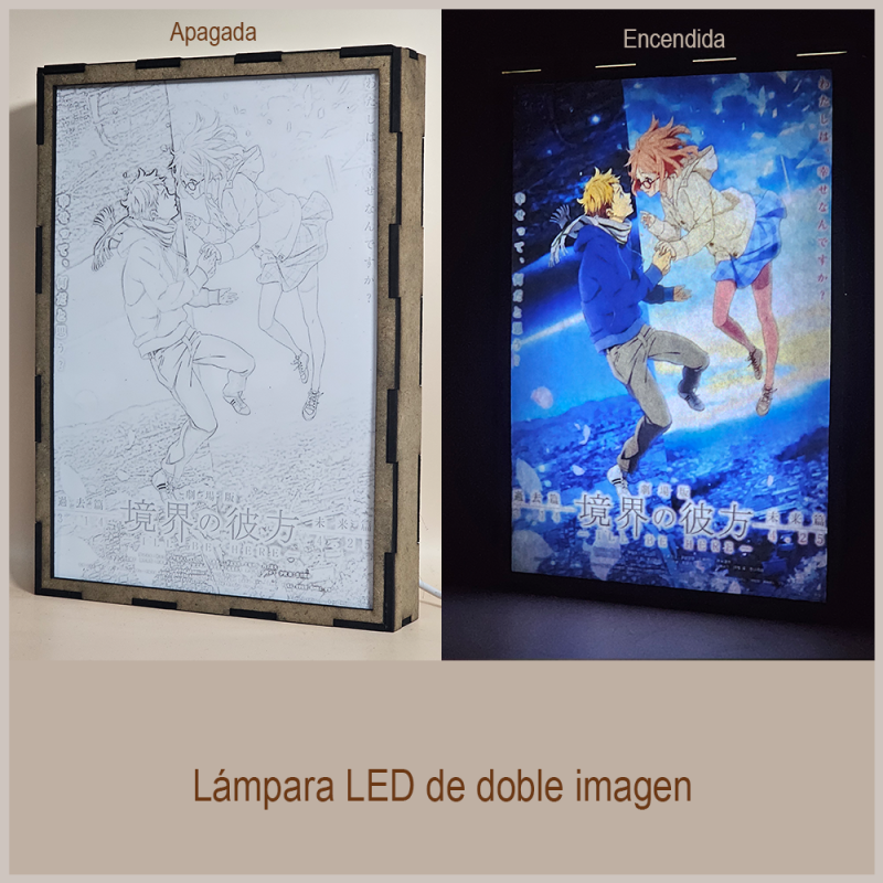 Lámpara ánime/manga  Beyond the Boundary  con doble imagen de la pareja Mirai Kuriyama y Akihito Kanbara, vista apagada y encendida, donde se revela la ilustración completa al encender la luz LED.